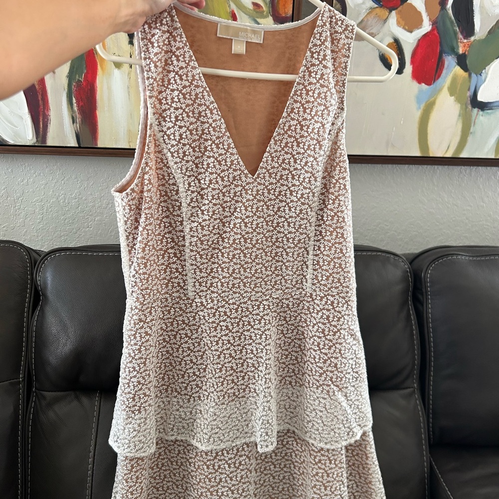 Michael Kors Cocktail Wedding Dress Peplum White Embroidery Nude V-neck M 8